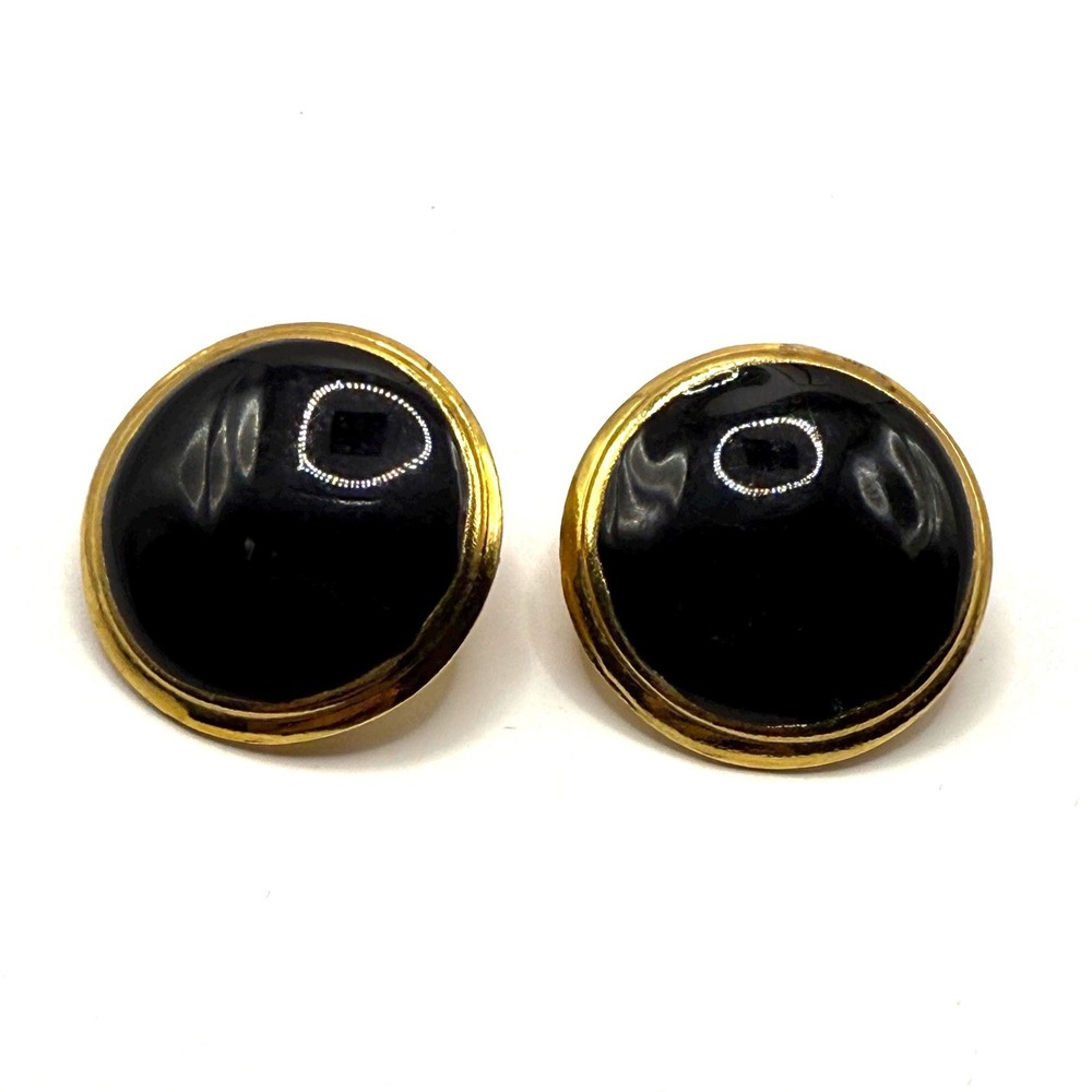 Vintage Black Gold Domed Stud Earrings‎ – Gold Tone Bezel Classic Statement